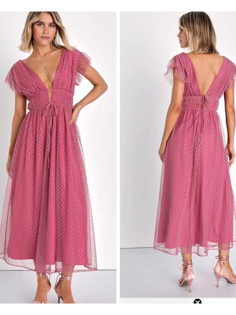NWT Lulu's Dusty Rose Dotted Mesh Midi Dress